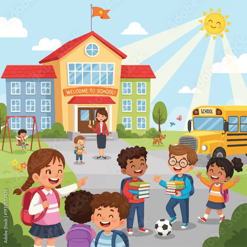 Cheerful group of students and a sunny schoolyard scene with children and a teacher outside a colorful school building.