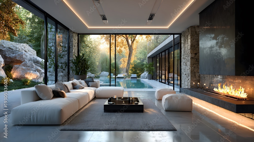 Obraz premium Breathtaking minimalist luxury living room featuring a sweeping modular white sofa and a hanging fireplace overlooking a lush courtyard.