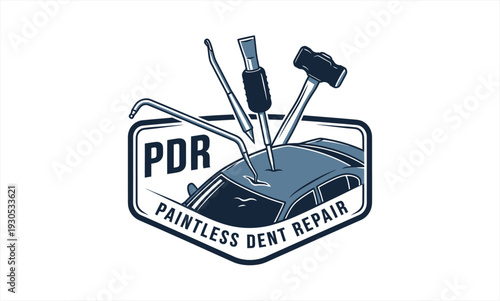 Paintless Dent Repair PDR Logo with Car and Tools.