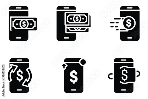collection of black solid glyph icons for mobile banking and digital payment applications.