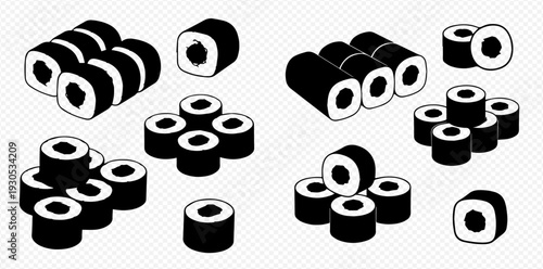Isometric sushi rolls set, Japanese cuisine, Asian food, vector illustration in black and white.