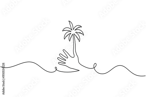 Palm tree holding hand continuous one line art minimal outline vector icon