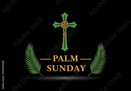 Palm sunday graphic with green celtic cross and palm leaves