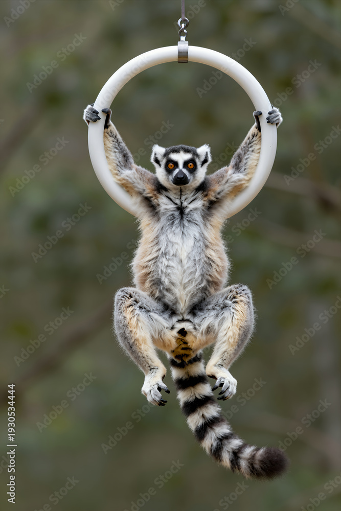 Fototapeta premium Lemur Hanging From Aerial Hoop in Performance Pose with Striped Tail and Expressive Eyes Against Blurred Natural Background