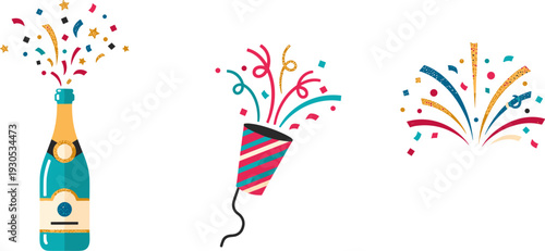 Celebration elements: champagne bottle, party popper, and fireworks with confetti