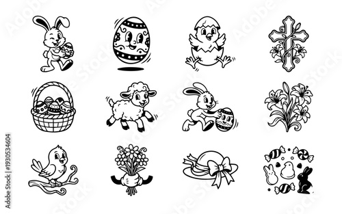 Retro Easter icon collection featuring vintage bunny lamb hatching chick religious cross floral basket candy bonnet spring holiday line graphics.