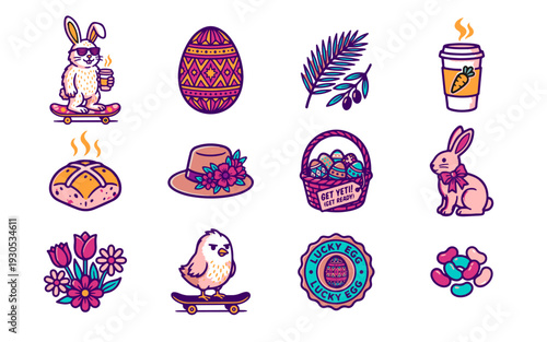 Premium Easter sticker collection featuring retro bunny skating chick patterned egg spring floral hat holiday basket hot cross bun graphics.