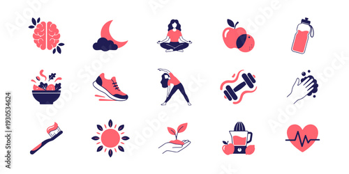 Healthy Lifestyle Icon Set Featuring Wellness Self Care Fitness Nutrition Mental Health Exercise Yoga Diet Hygiene Vitality Medical Workout Symbols