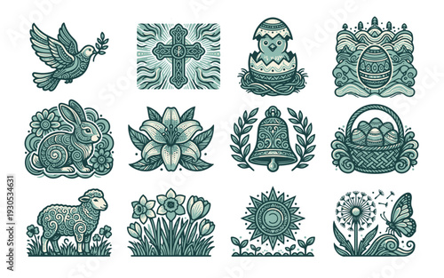 Ornate Easter Spring Icon Pack Featuring Religious Dove Cross Chick Lily Rabbit Bell Basket Lamb Flowers Sun Butterfly Graphic Symbols