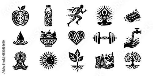Holistic Wellness Lifestyle Vector Icon Bundle featuring Yoga Meditation Nutrition Fitness Hygiene Sustainability Mental Health Outdoor Exercise Symbols for Commercial Branding.