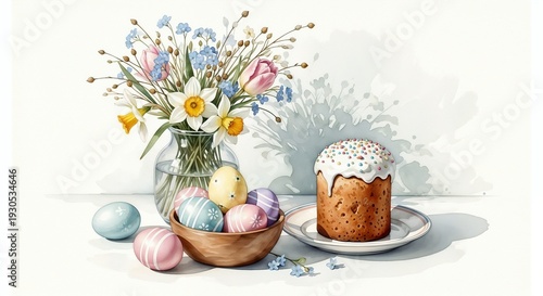 Watercolor Easter cake with decorated eggs and spring flowers on a table, creating a festive spring atmosphere. Festive Easter cake surrounded by decorated eggs and colorful spring flowers on a table