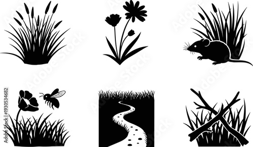 Collection of nature silhouette icons including plants, animals, and landscape elements