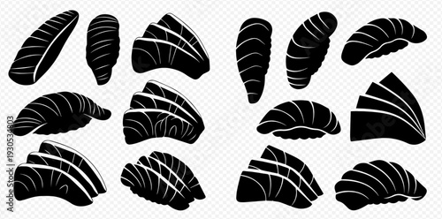 Salmon sushi and sashimi set in silhouette, traditional Japanese cuisine, raw fish delicacy, vector illustration.