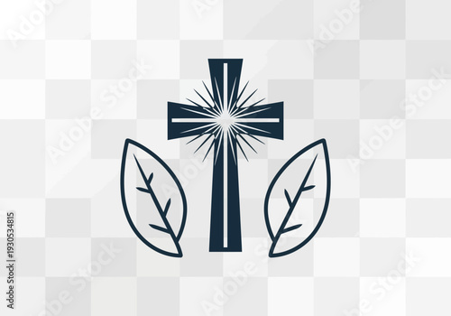 Christian cross with shining rays and leaves icon