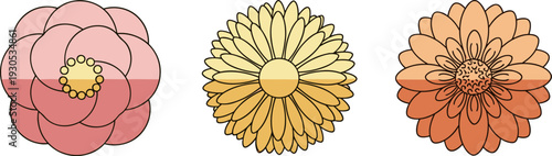 Three stylized flowers in pink, yellow, and orange with gradient shading on white background