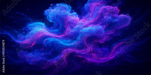 Abstract flowing smoke with blue and purple light waves creates a smooth motion pattern of colorful swirls and curved shapes on a dark black background texture