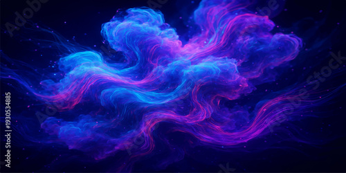 Abstract swirl of flowing blue and purple smoke waves creates a smooth motion pattern against a dark black backdrop design