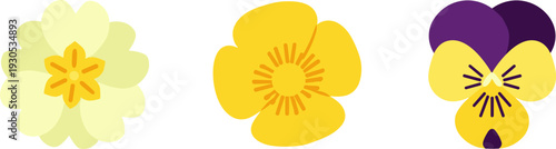 Collection of three stylized spring flowers in yellow and purple on a white background