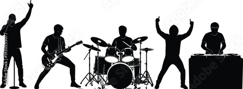 Rock band silhouette performance, singer guitarist drummer DJ playing live music concert show isolated on white background vector
