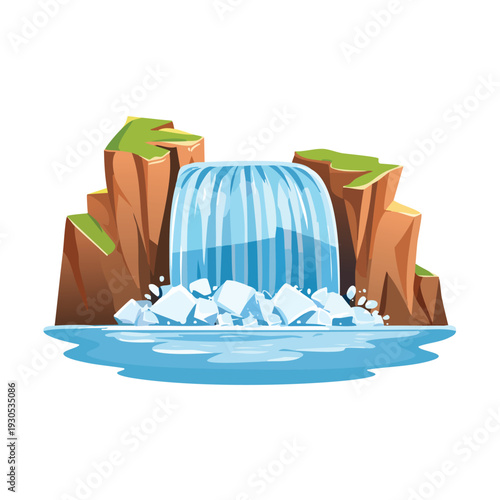 Cartoon waterfall cascading over rocks into water