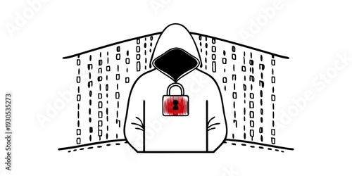 Cybersecurity Concept with Hooded Hacker Silhouette and Glowing Red Lock Icon – Digital Data Stream Background, Futuristic Tech Vector Illustration