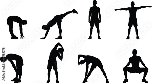 Men fitness warm up and stretching silhouettes set, athletic workout poses, exercise training vector illustration isolated collection