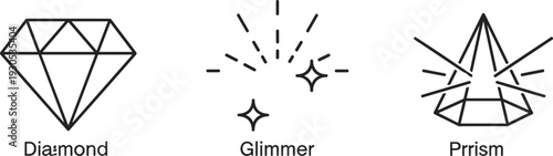 Simple line art icons representing a diamond, glimmer, and prism on a white background