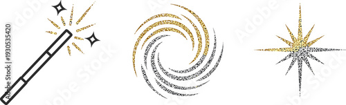 Collection of sparkling abstract elements: magic wand, swirl, and starburst