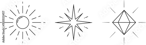 Collection of minimalist line art icons representing sun, starburst, and diamond shapes with radiating lines