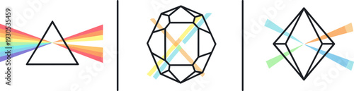 Prism, faceted gem, and diamond shapes refracting light into colorful spectrums