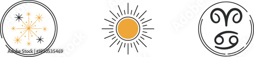 Collection of celestial and zodiac symbols including stars, sun, and astrological signs