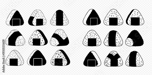 Onigiri rice balls in various styles, traditional Japanese food vector illustration set.