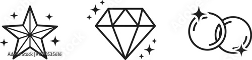 Collection of sparkling icons: star, diamond, and wedding rings