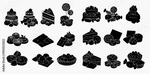 Delicious dessert collection: cakes, pastries, chocolates, and candies in a sweet food set.