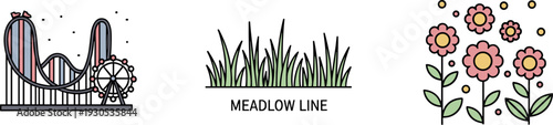 Roller coaster, grass, and flowers icons representing amusement park and nature elements