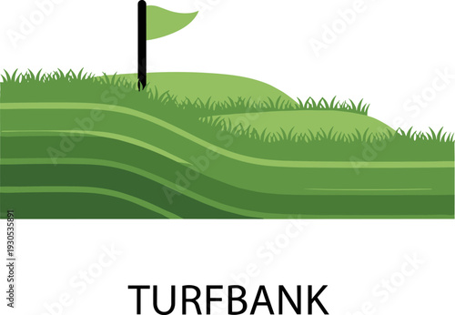 Green turf bank with a flag on a golf course, representing a landscape element