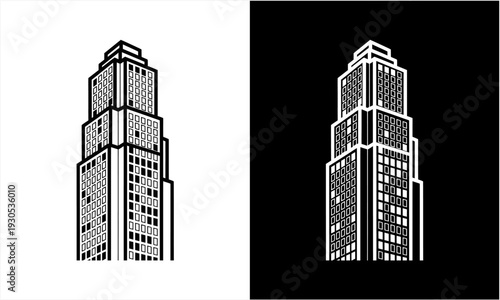 Skyscraper building vector illustration in black and white, modern urban architecture.
