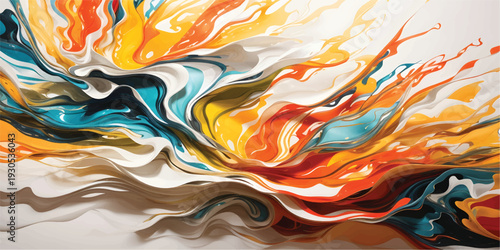 Abstract background with colorful flames and blue liquid waves creates a 3d digital motion design featuring a metallic gold swirl pattern and a flowing wavy texture backdrop