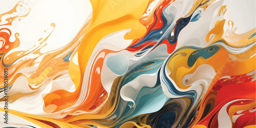 Artistic watercolor background design features a colorful flow of blue and orange liquid waves with a gold swirl texture creating a seamless abstract paint pattern wallpaper
