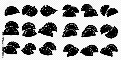 Set of black silhouette dumplings on a transparent background, various types of Asian food, gyoza, pelmeni, ravioli, vareniki, chebureki.