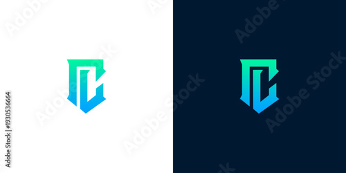 Abstract shield emblem with gradient effect on white and dark backgrounds, modern logo concept