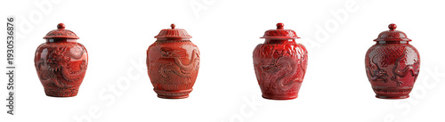 Crimson Red Cinnabar Vases with Dragon Motifs isolated on transparent background