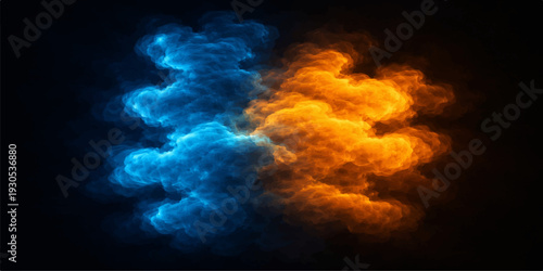 Dramatic burning fire flames and smoke rising against an abstract dark storm cloudscape with orange sunset light