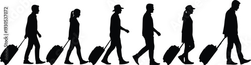 Travelers walking with rolling suitcase silhouettes set, airport passenger travel concept, tourism journey vector illustration isolated collection