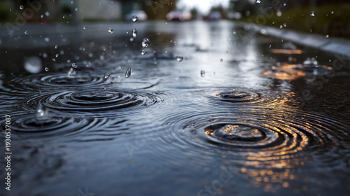Rain hitting a wet street, creating ripples and reflections