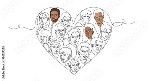 Diverse Group of People in Heart Shape Outline Drawing