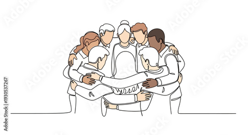 Diverse group of people in a circle hugging, unity and teamwork concept, minimalist line art