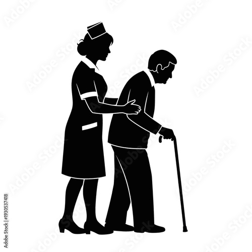 Nurse Assisting Elderly Man with Cane.