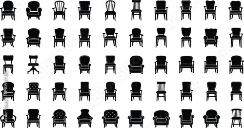 Collection of vintage and modern chair silhouettes, classic armchairs and wooden seats isolated on white background for furniture design set
