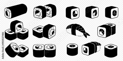 Set of various sushi and maki rolls in black and white vector illustration for Japanese cuisine design.